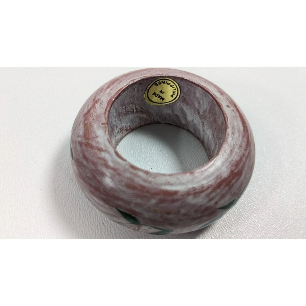 Vintage Hand Painted Wood Napkin Rings Set of 4 Pink Floral Philippines